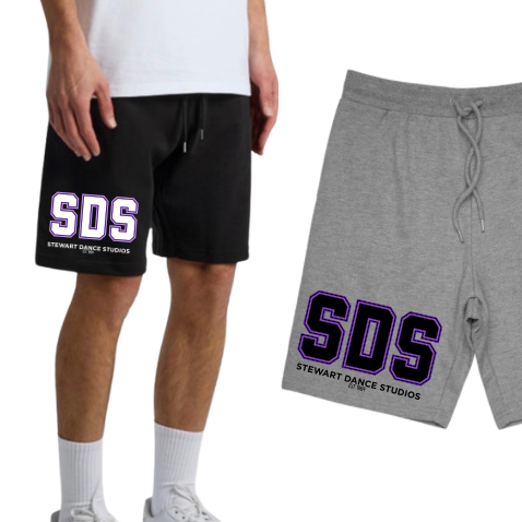 Black and gray shorts with 'SDS' logo on a white background