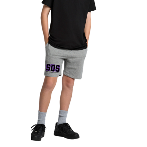 Person wearing gray shorts with 'SDS' logo and black shirt on a white background