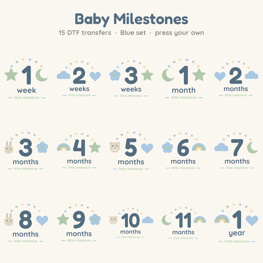 Baby Milestones transfer set, Blue colourway, all 15 designs