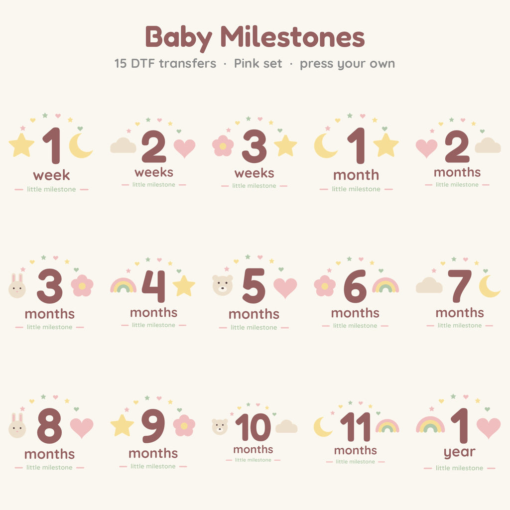Baby Milestones transfer set, Pink colourway, all 15 designs