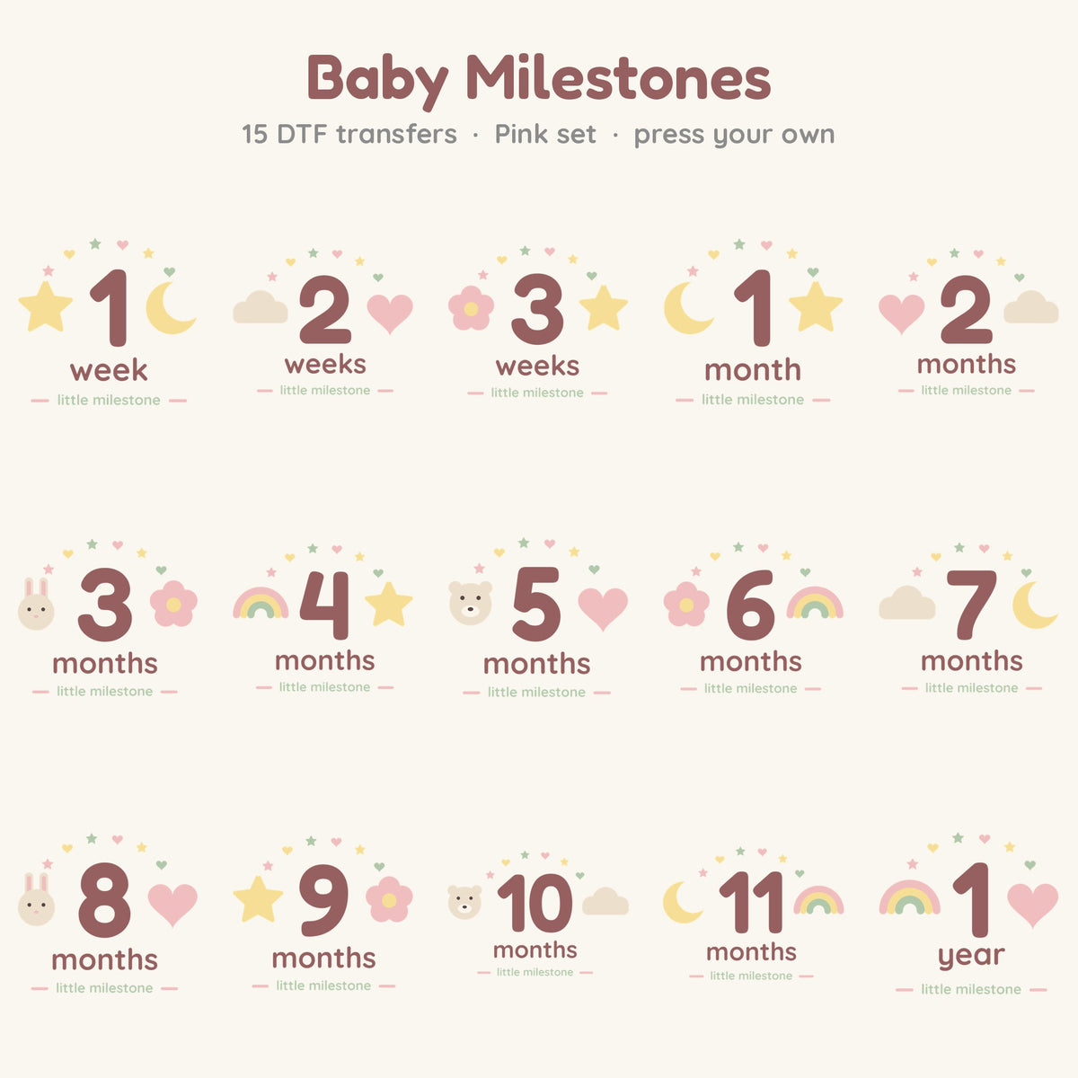 Baby Milestones transfer set, Pink colourway, all 15 designs