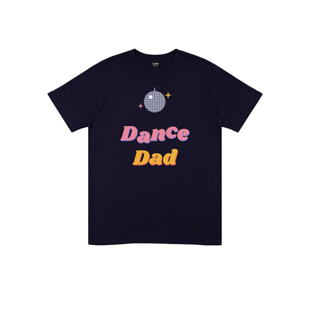 Dance Dad (Groovy) DTF transfer pressed on a dark tee