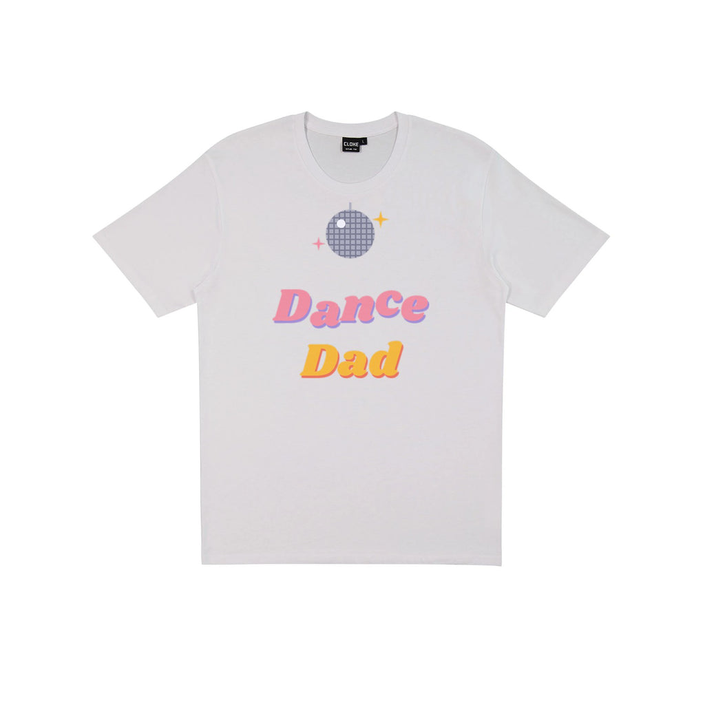Dance Dad (Groovy) DTF transfer pressed on a light tee