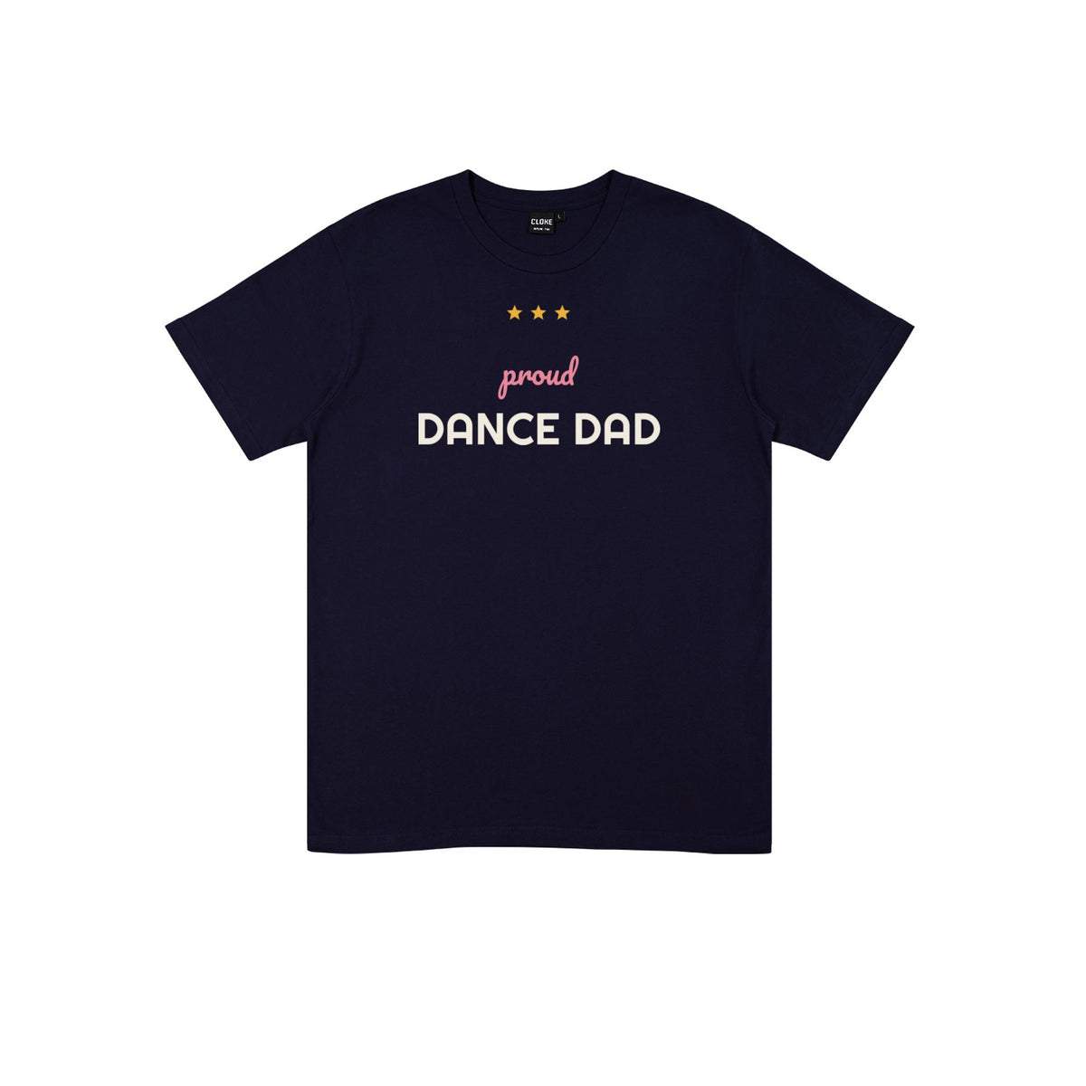 Proud Dance Dad DTF transfer pressed on a dark tee