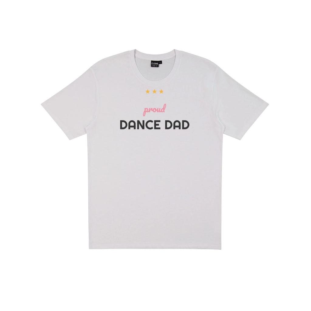 Proud Dance Dad DTF transfer pressed on a light tee