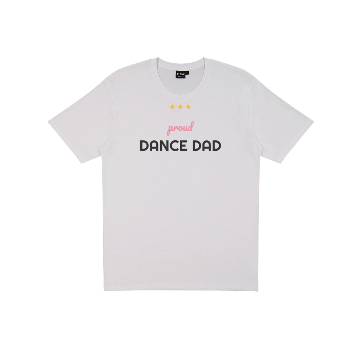 Proud Dance Dad DTF transfer pressed on a light tee
