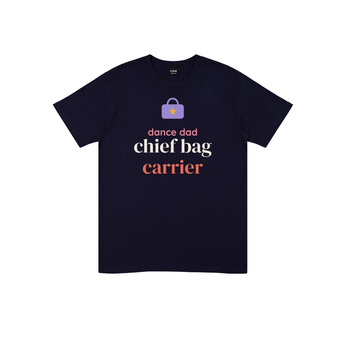 Chief Bag Carrier DTF transfer pressed on a dark tee