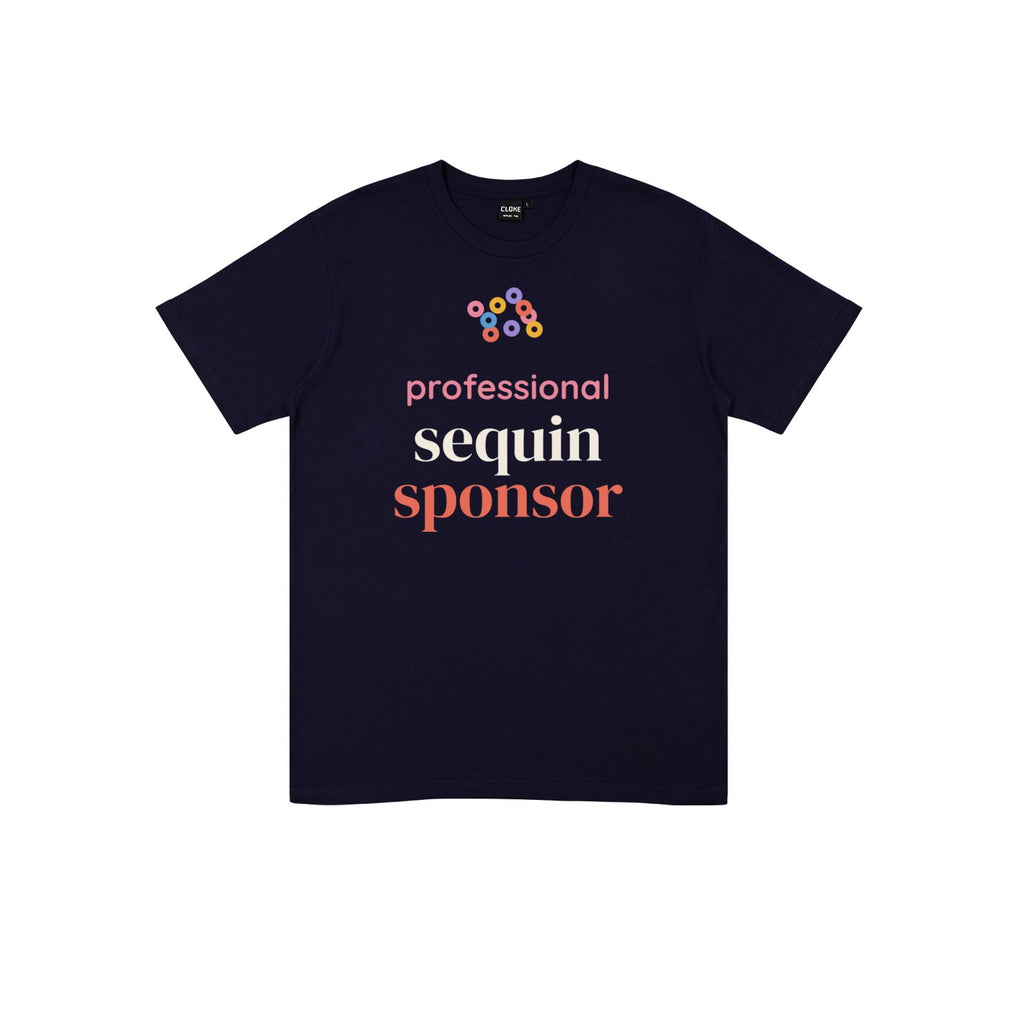Professional Sequin Sponsor DTF transfer pressed on a dark tee
