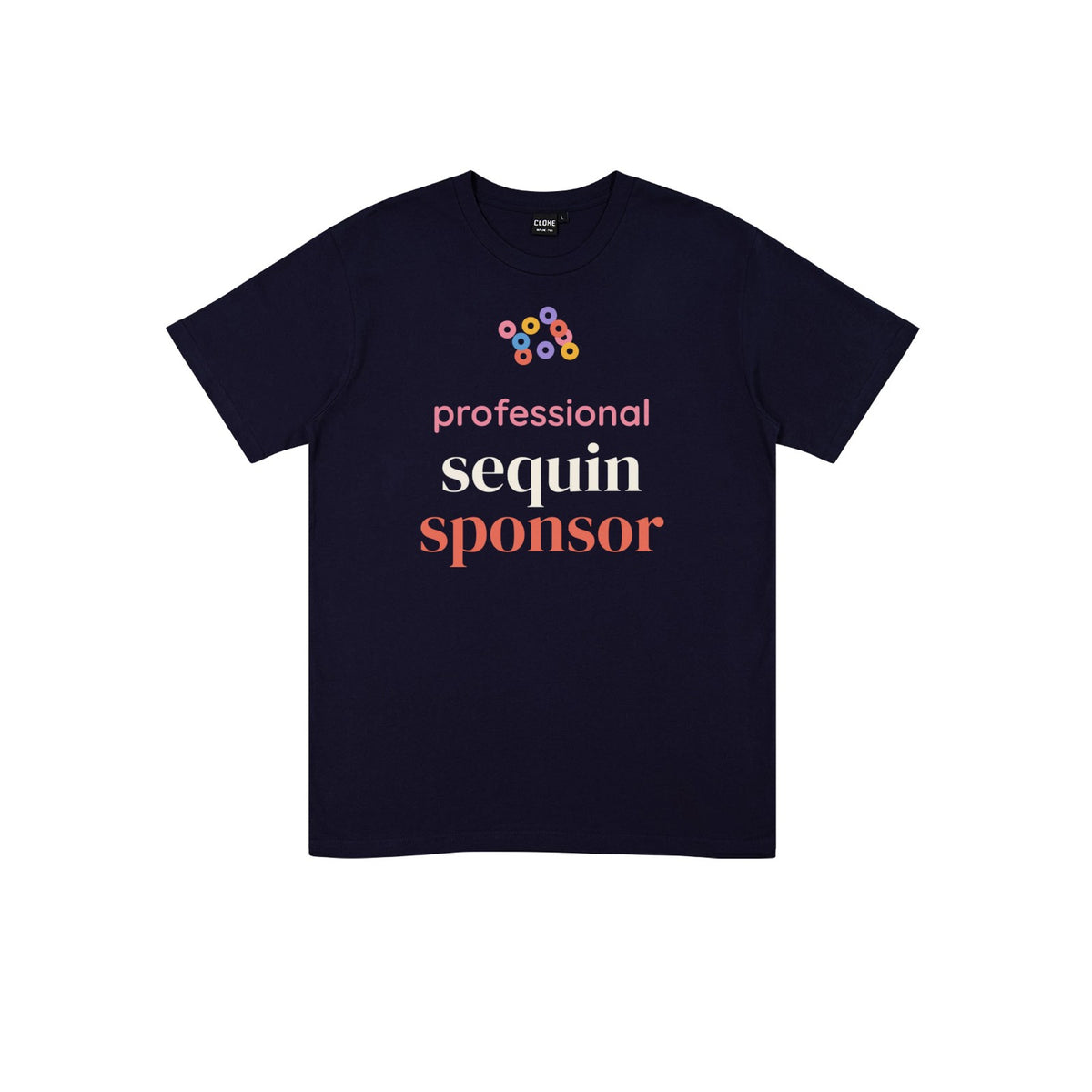 Professional Sequin Sponsor DTF transfer pressed on a dark tee