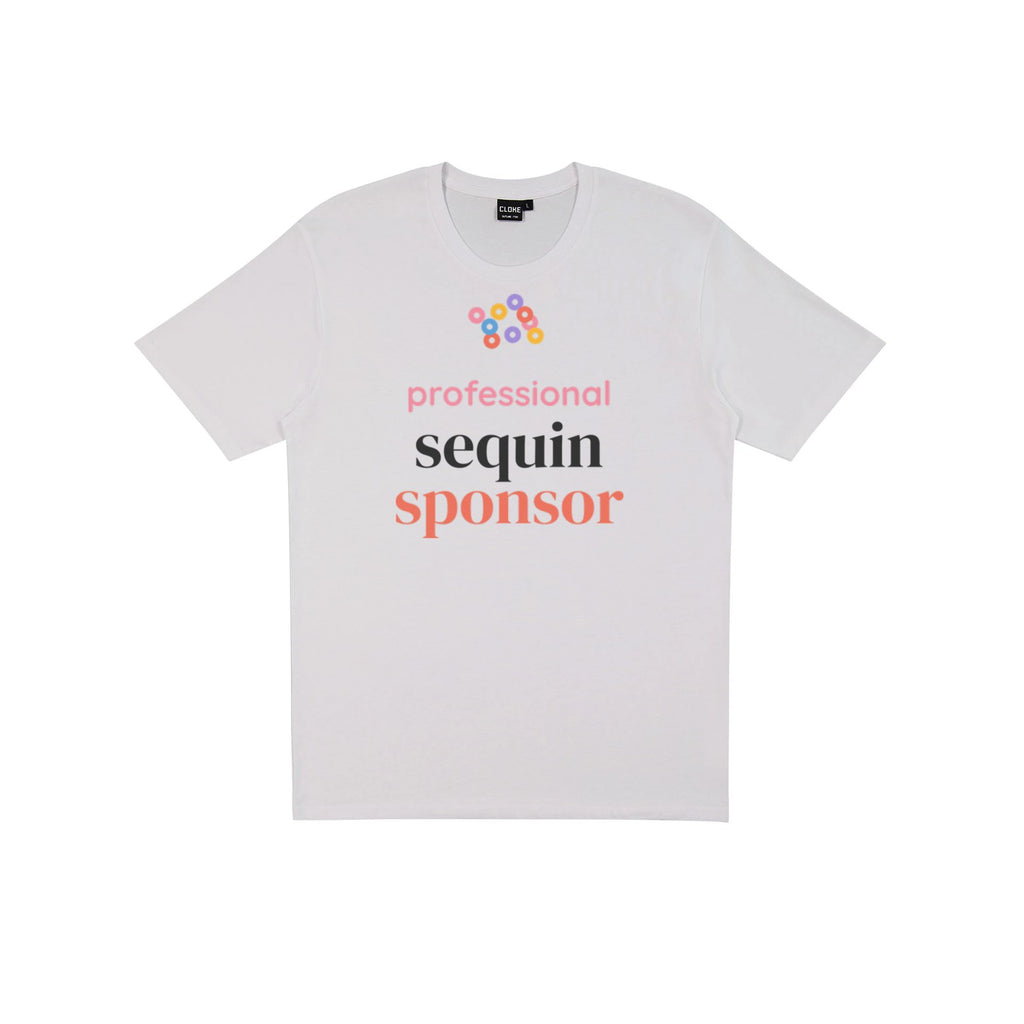 Professional Sequin Sponsor DTF transfer pressed on a light tee