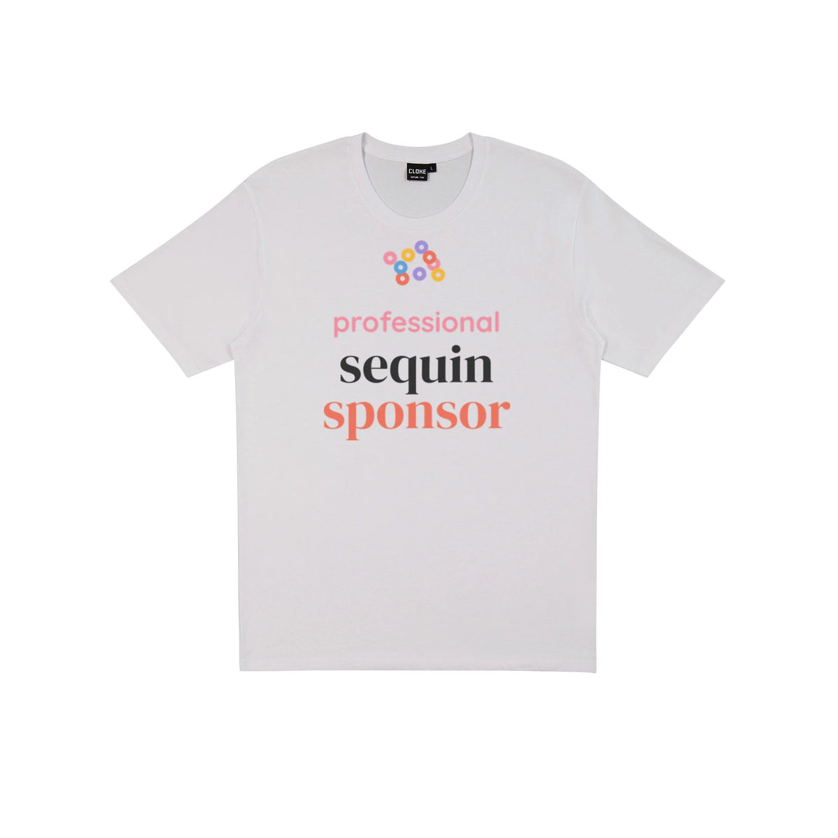 Professional Sequin Sponsor DTF transfer pressed on a light tee