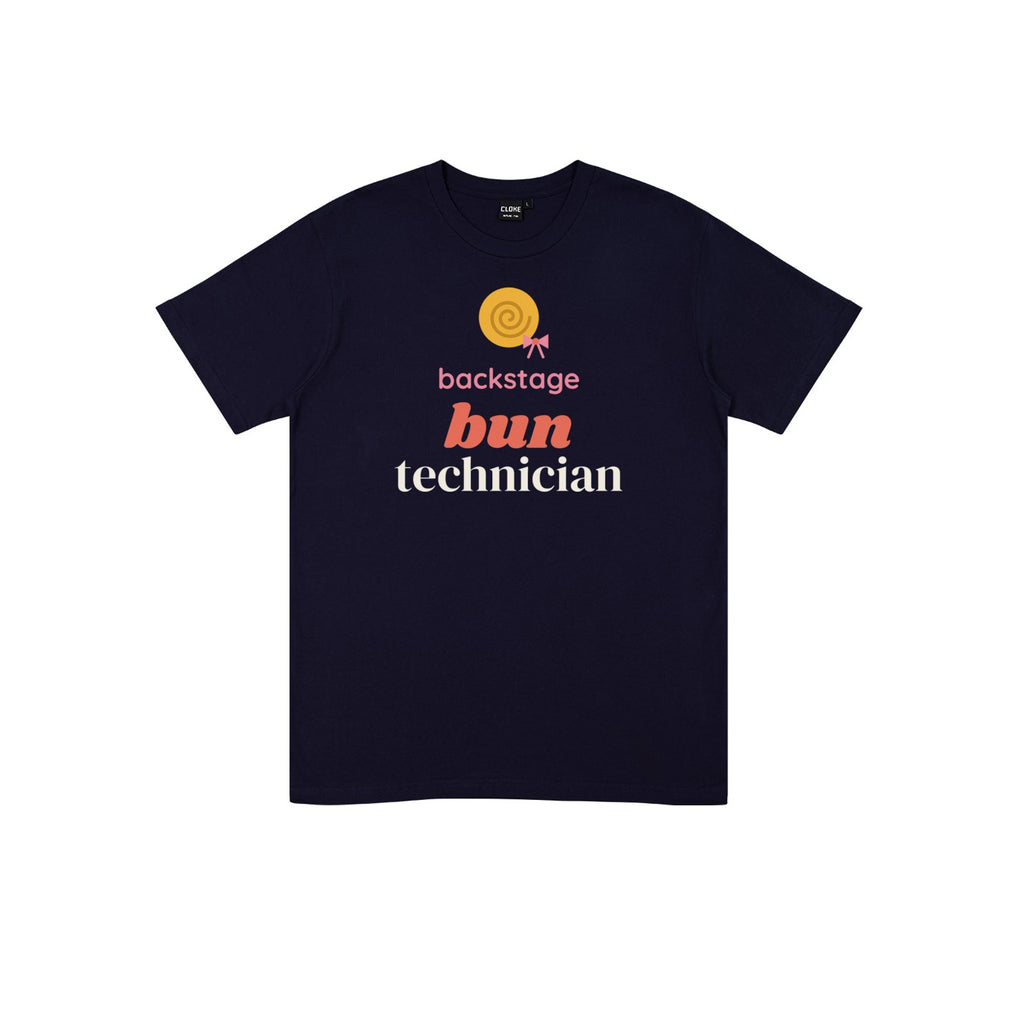 Backstage Bun Technician DTF transfer pressed on a dark tee