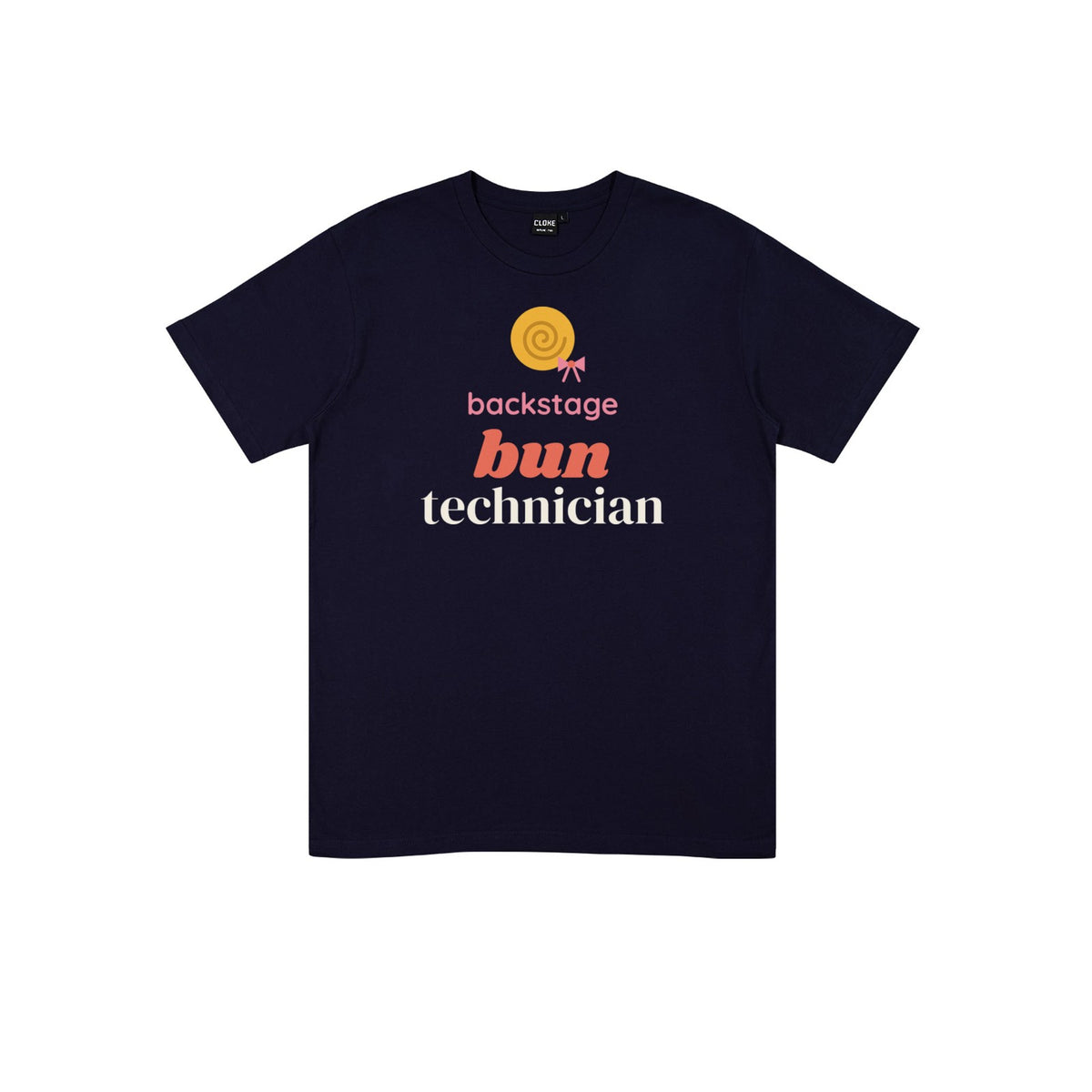 Backstage Bun Technician DTF transfer pressed on a dark tee