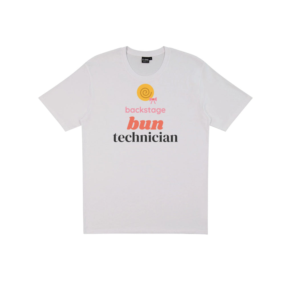 Backstage Bun Technician DTF transfer pressed on a light tee