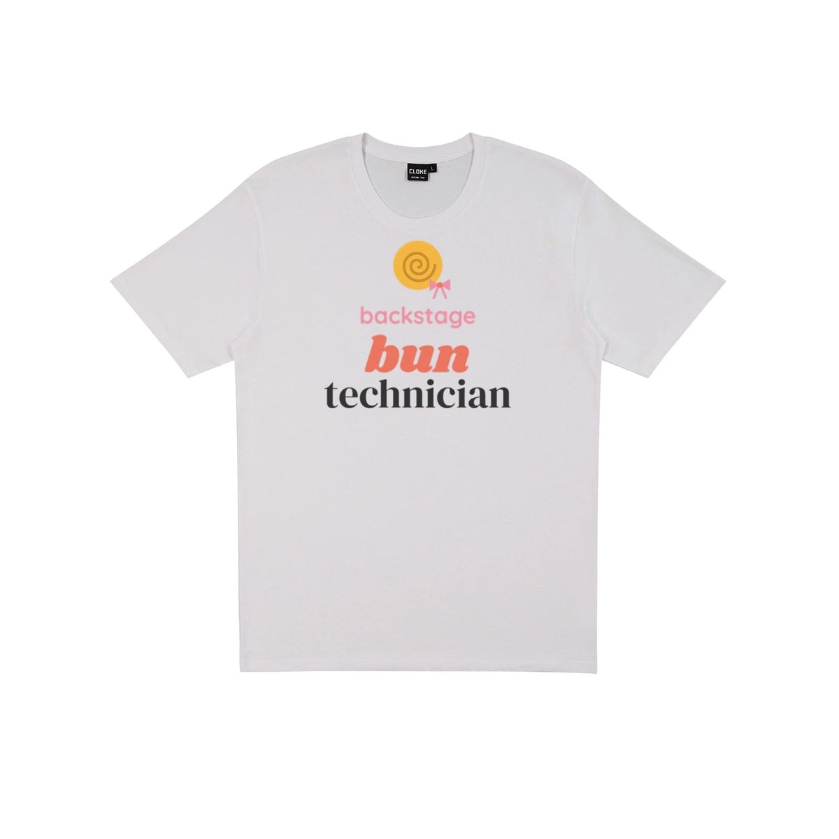 Backstage Bun Technician DTF transfer pressed on a light tee