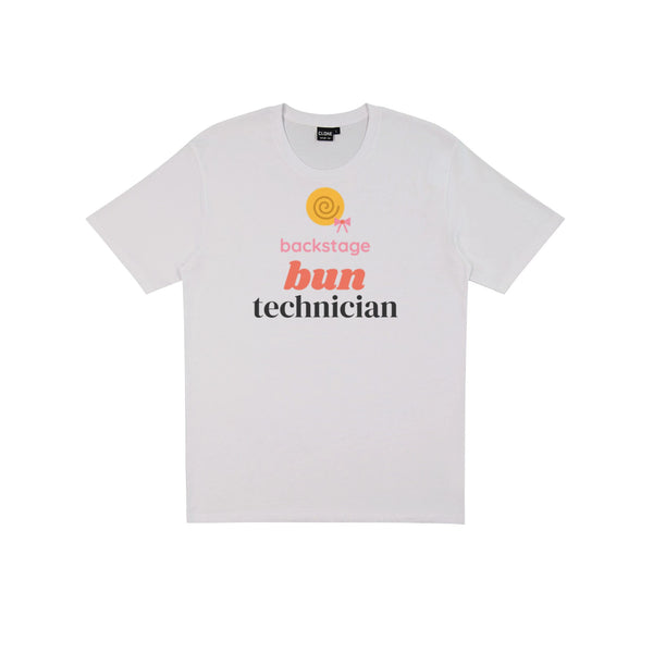 Backstage Bun Technician DTF transfer pressed on a light tee