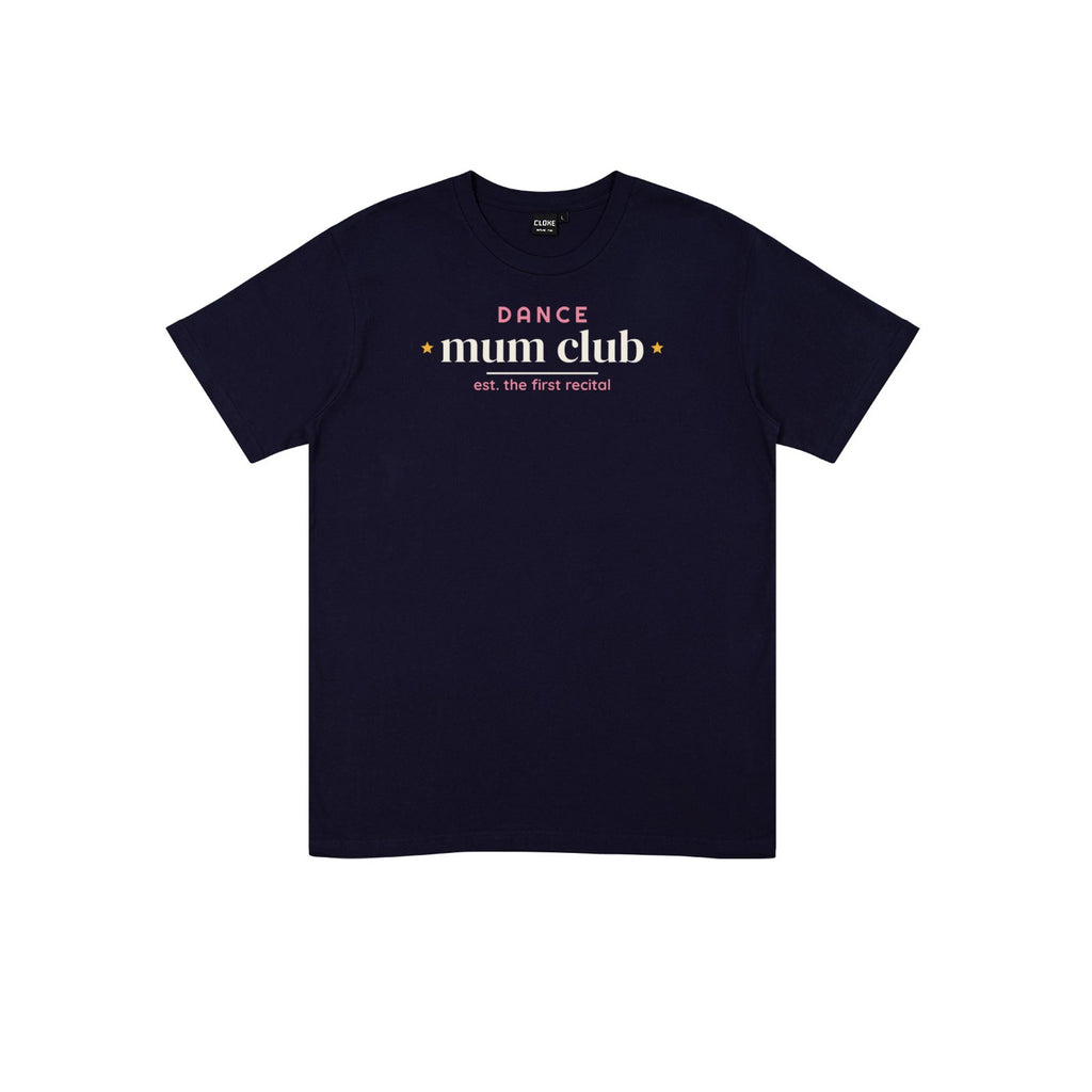 Dance Mum Club DTF transfer pressed on a dark tee