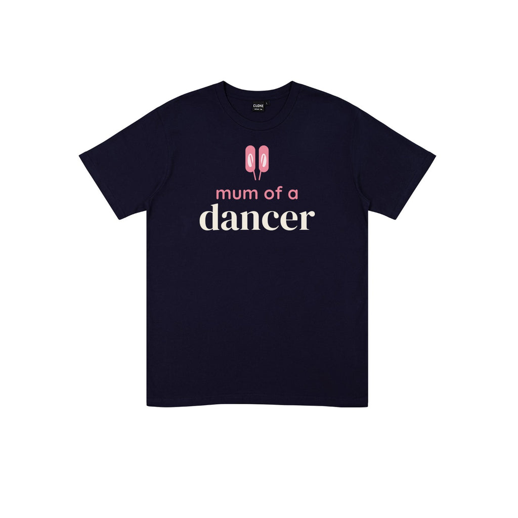 Mum of a Dancer DTF transfer pressed on a dark tee