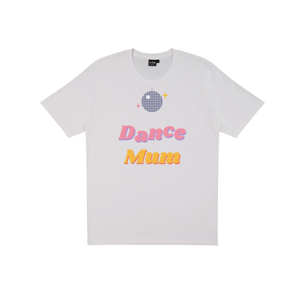 Dance Mum (Groovy) DTF transfer pressed on a light tee