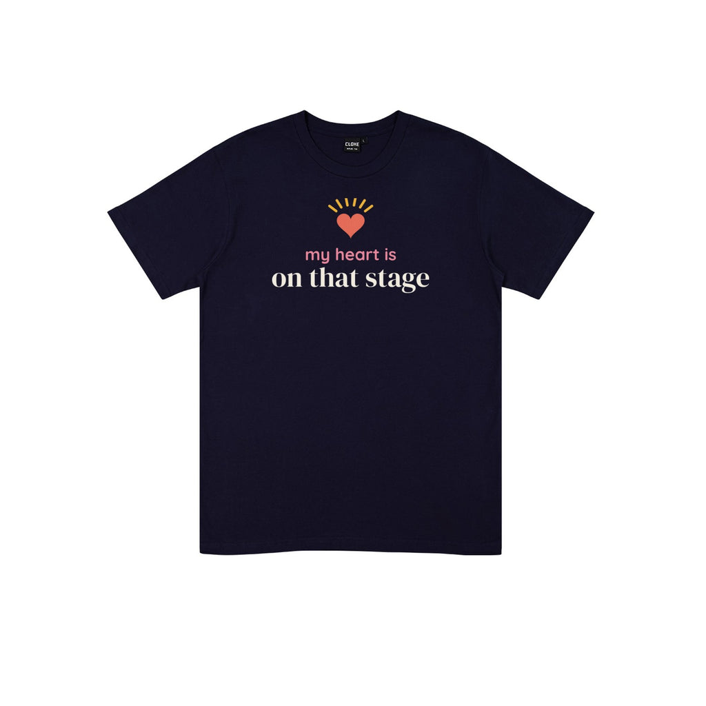 My Heart Is on That Stage DTF transfer pressed on a dark tee