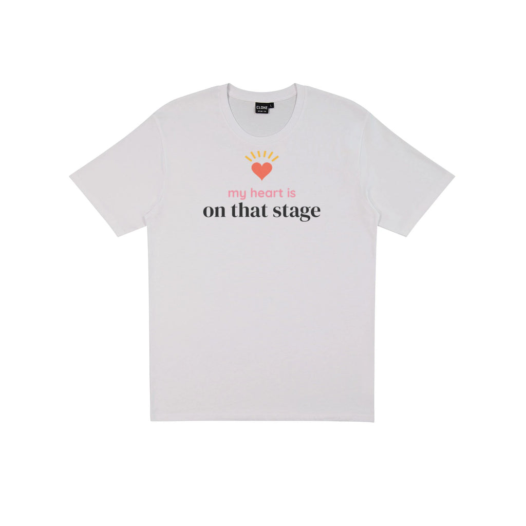 My Heart Is on That Stage DTF transfer pressed on a light tee