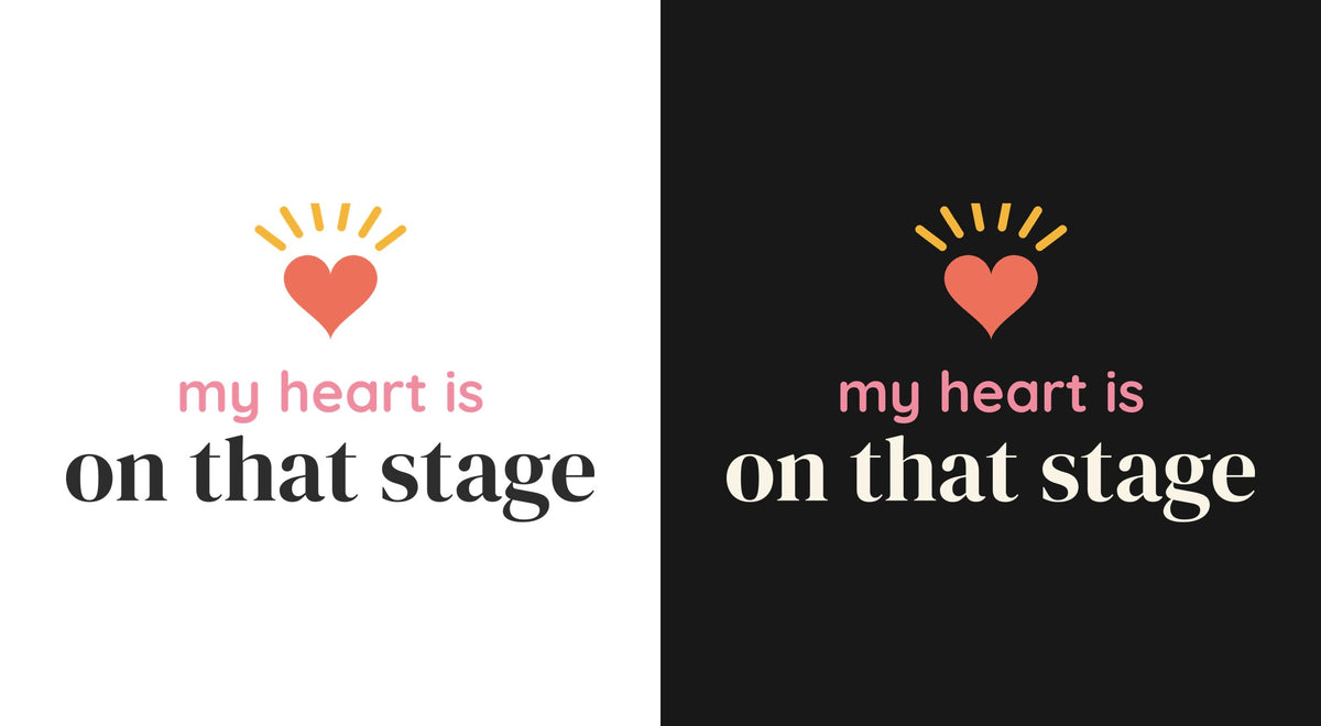 My Heart Is on That Stage DTF transfer shown on light and dark backgrounds