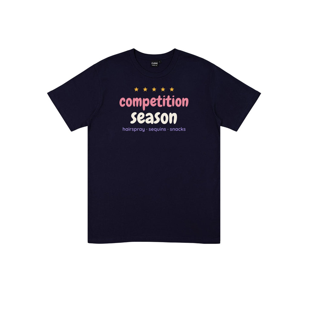 Competition Season DTF transfer pressed on a dark tee