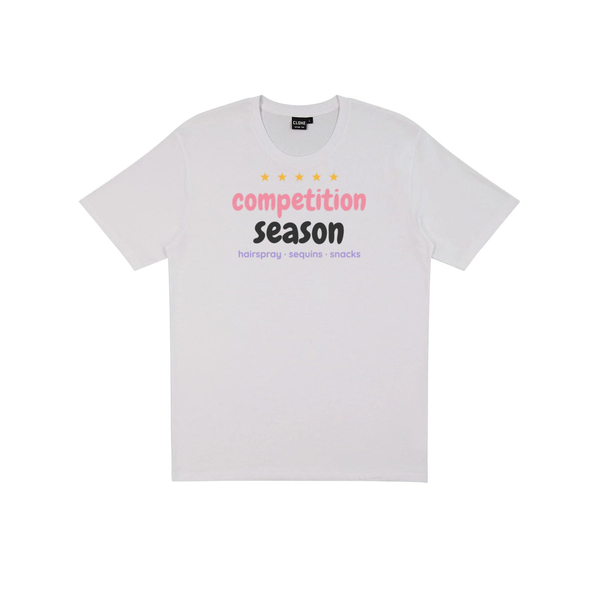 Competition Season DTF transfer pressed on a light tee