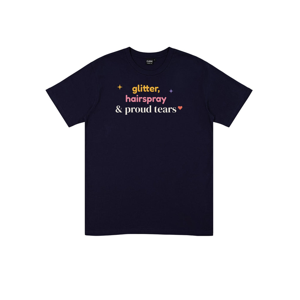 Glitter, Hairspray & Proud Tears DTF transfer pressed on a dark tee