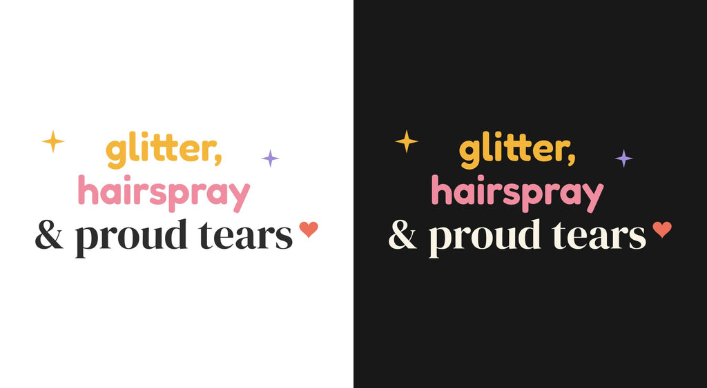 Glitter, Hairspray & Proud Tears DTF transfer shown on light and dark backgrounds