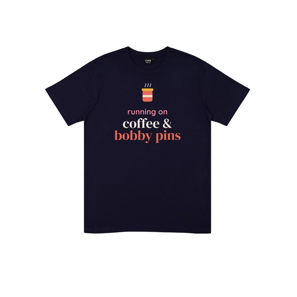 Running on Coffee & Bobby Pins DTF transfer pressed on a dark tee