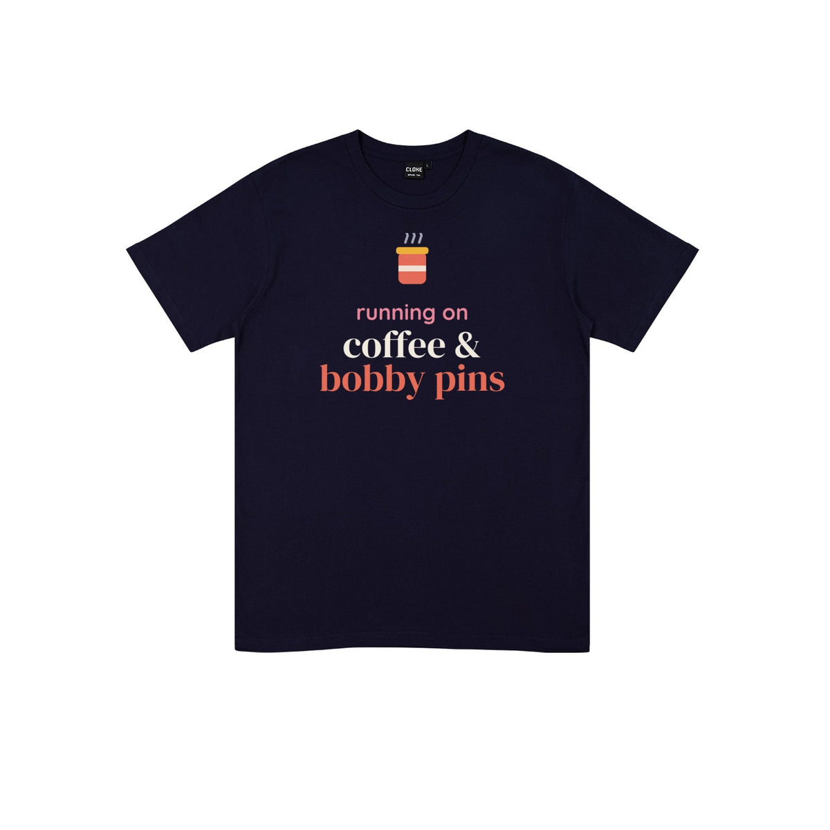 Running on Coffee & Bobby Pins DTF transfer pressed on a dark tee