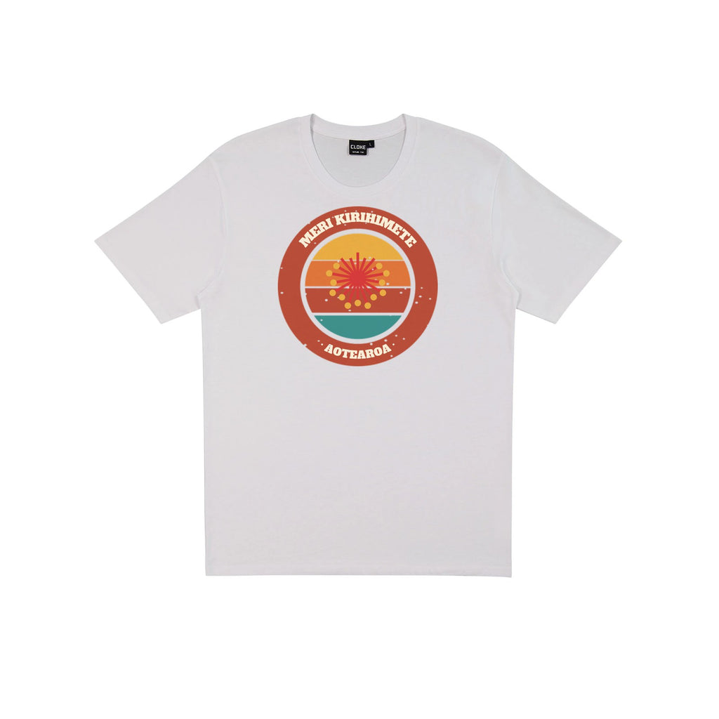 Meri Kirihimete DTF transfer pressed on a light tee