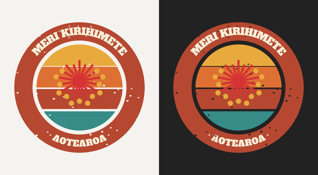 Meri Kirihimete DTF transfer shown on light and dark backgrounds