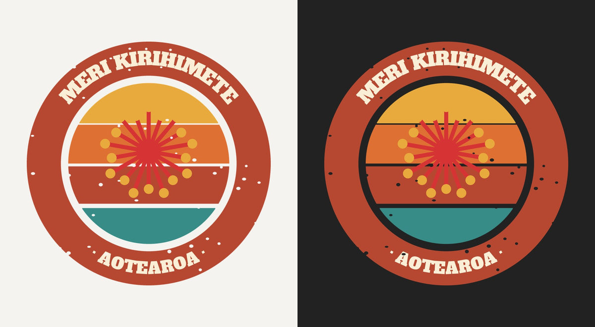 Meri Kirihimete DTF transfer shown on light and dark backgrounds