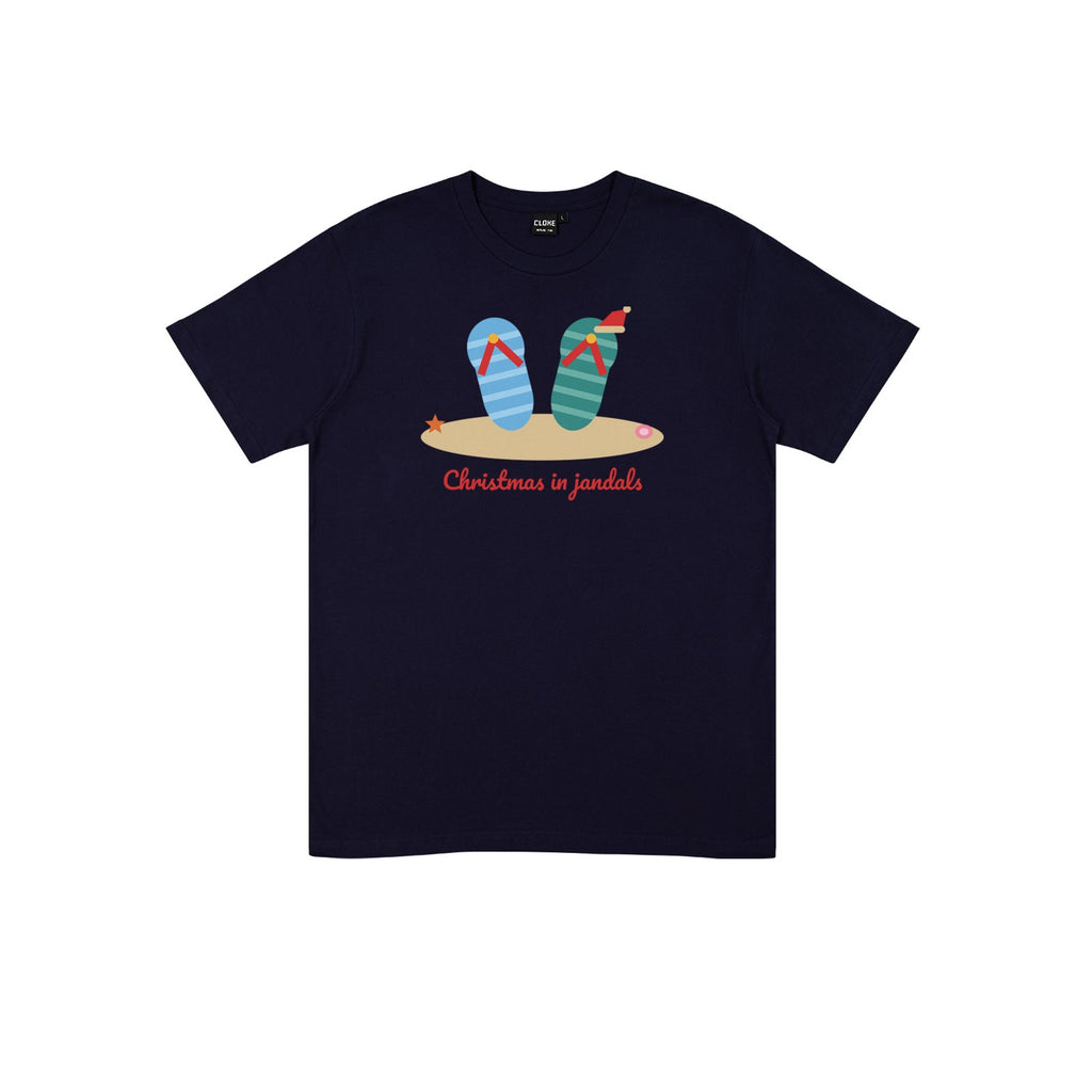 Christmas In Jandals DTF transfer pressed on a dark tee