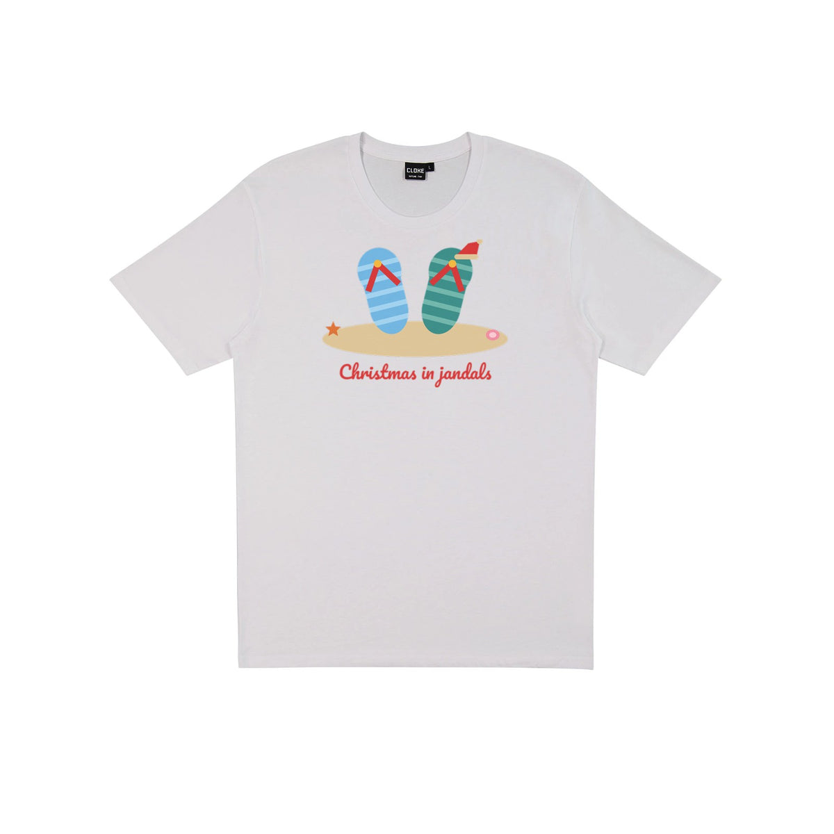 Christmas In Jandals DTF transfer pressed on a light tee