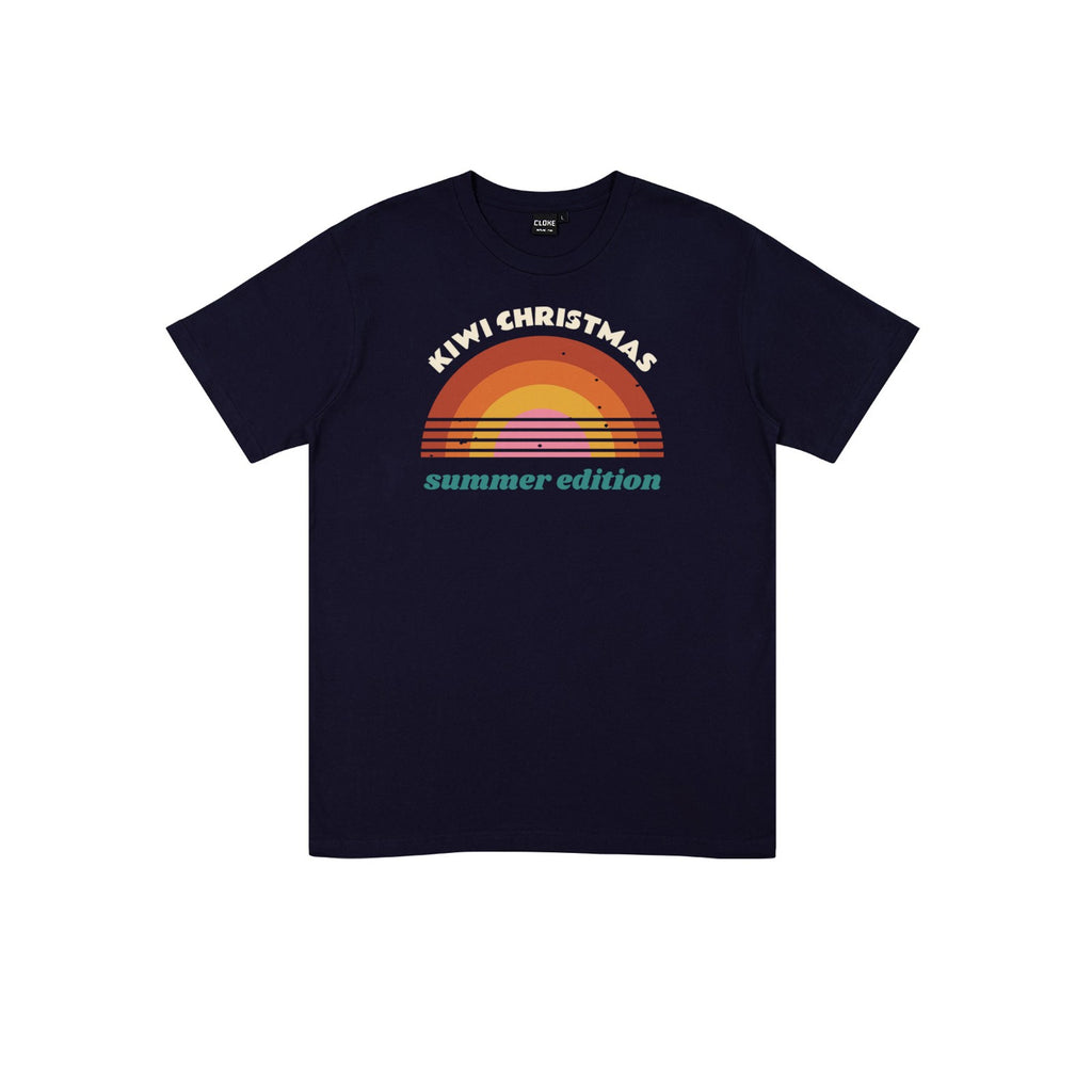 Sunny Kiwi Christmas DTF transfer pressed on a dark tee