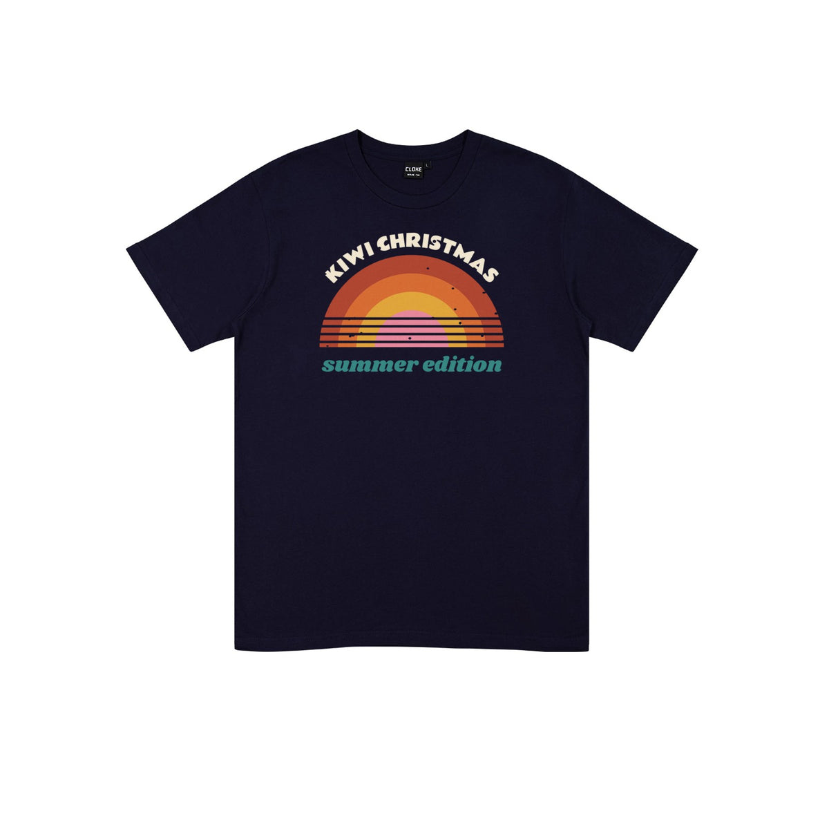 Sunny Kiwi Christmas DTF transfer pressed on a dark tee