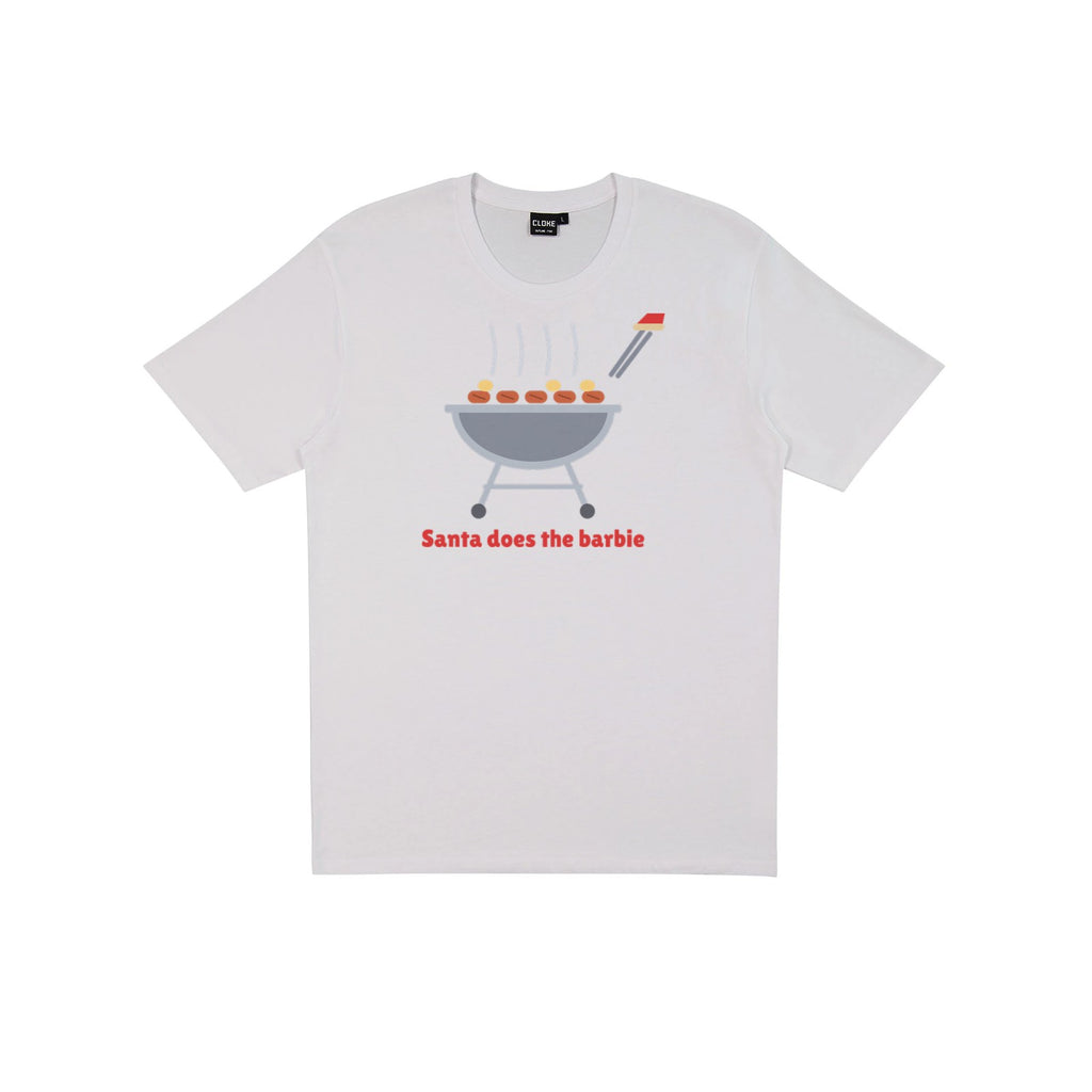 Santa Does The Barbie DTF transfer pressed on a light tee