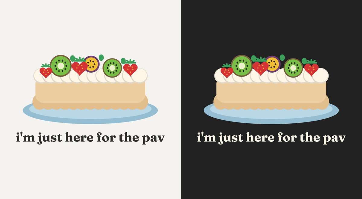 Just Here for the Pav DTF transfer shown on light and dark backgrounds