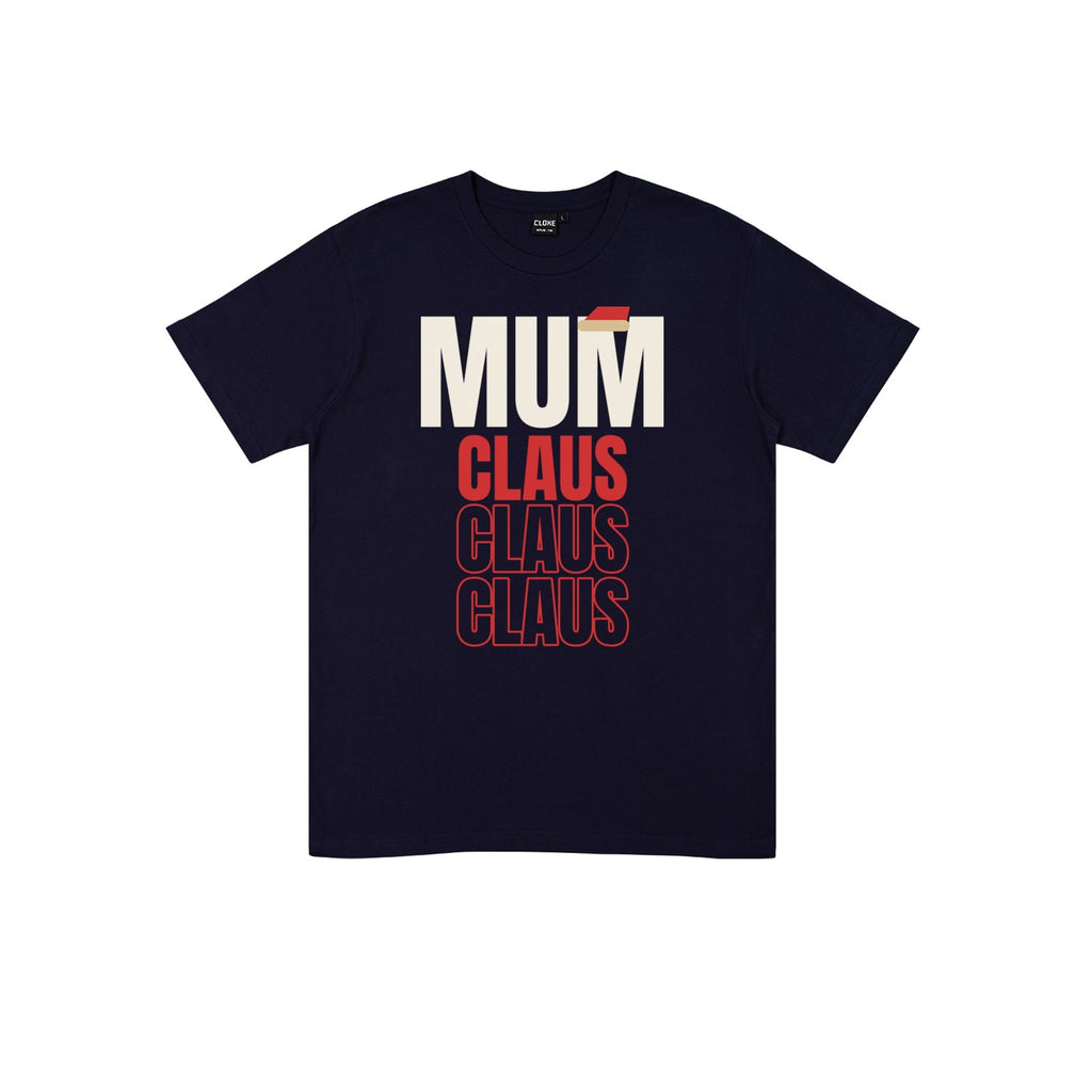 Mum Claus DTF transfer pressed on a dark tee