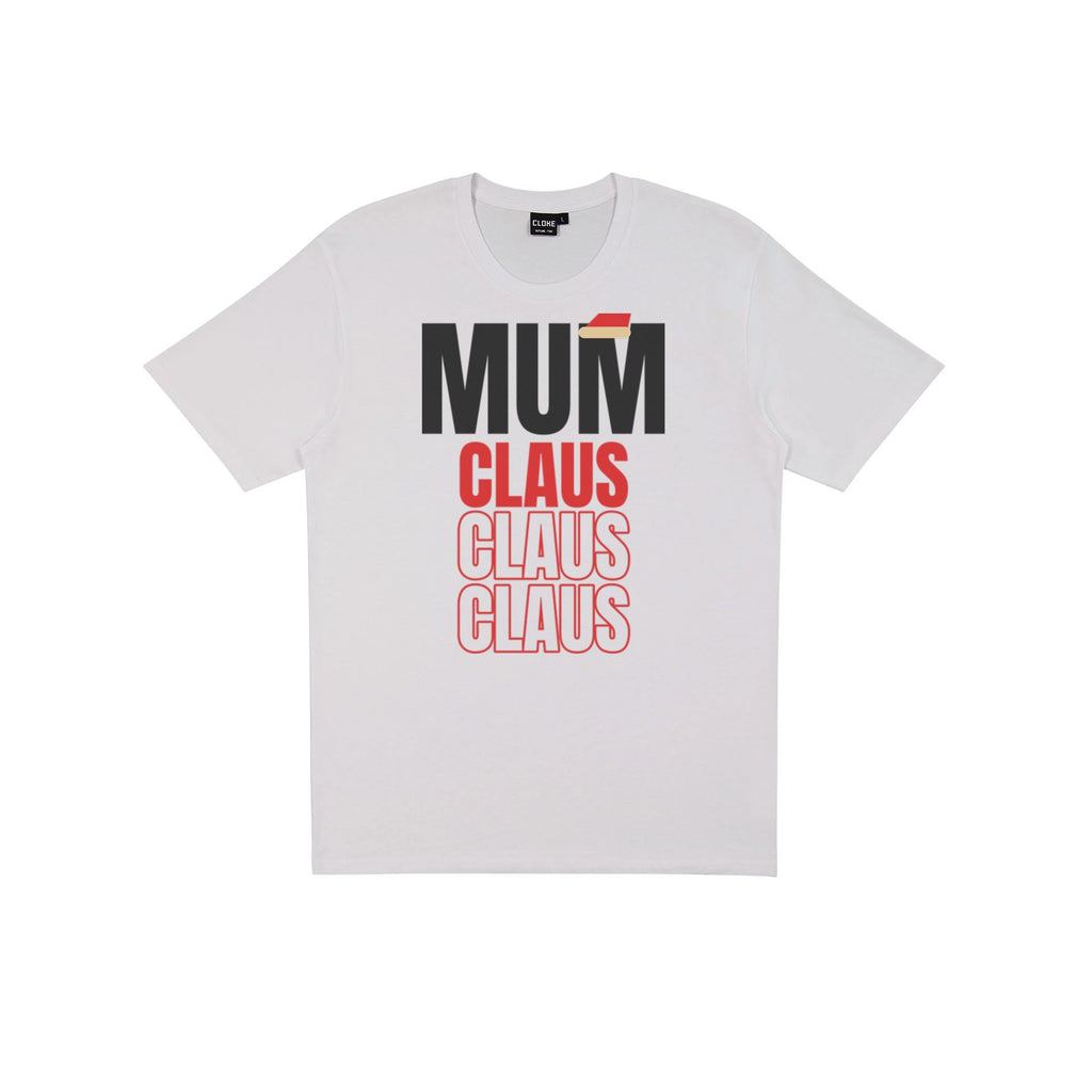Mum Claus DTF transfer pressed on a light tee
