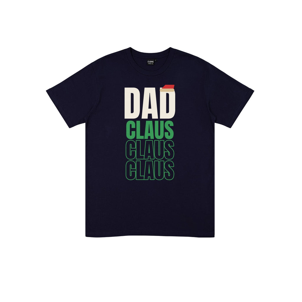 Dad Claus DTF transfer pressed on a dark tee