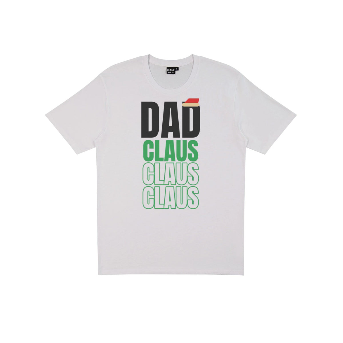 Dad Claus DTF transfer pressed on a light tee