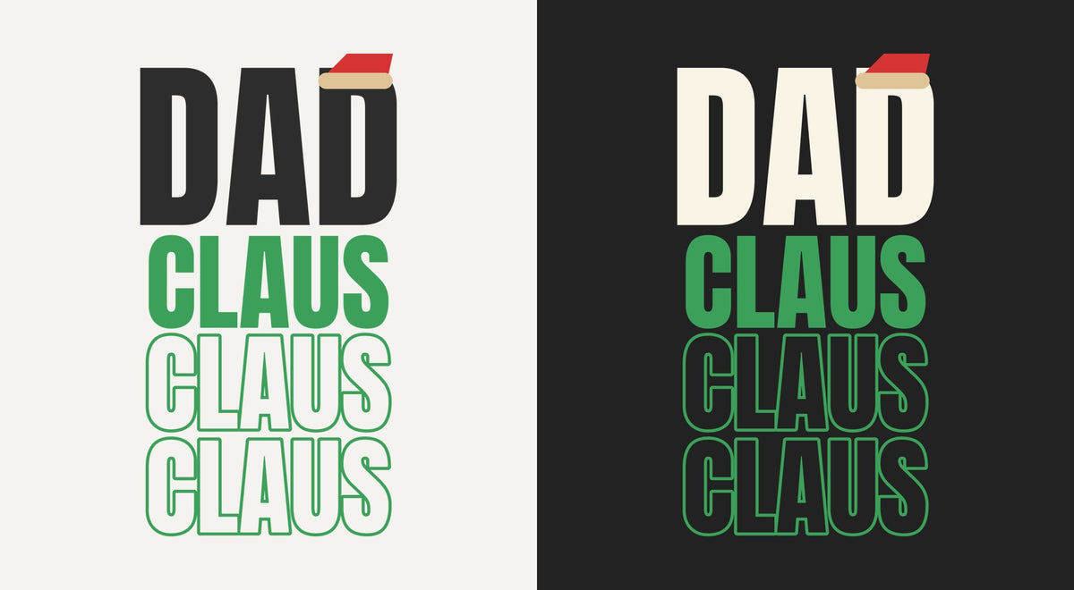 Dad Claus DTF transfer shown on light and dark backgrounds
