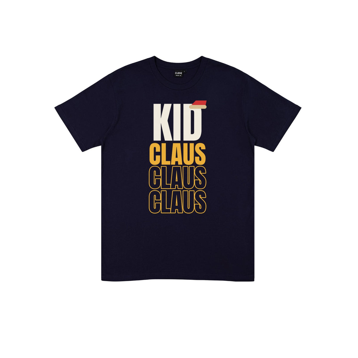 Kid Claus DTF transfer pressed on a dark tee