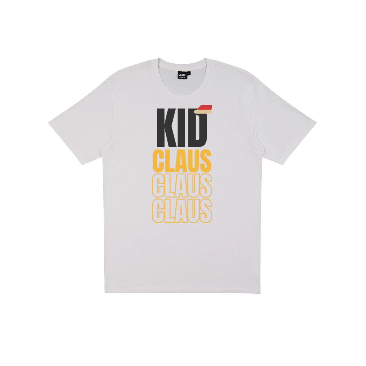 Kid Claus DTF transfer pressed on a light tee