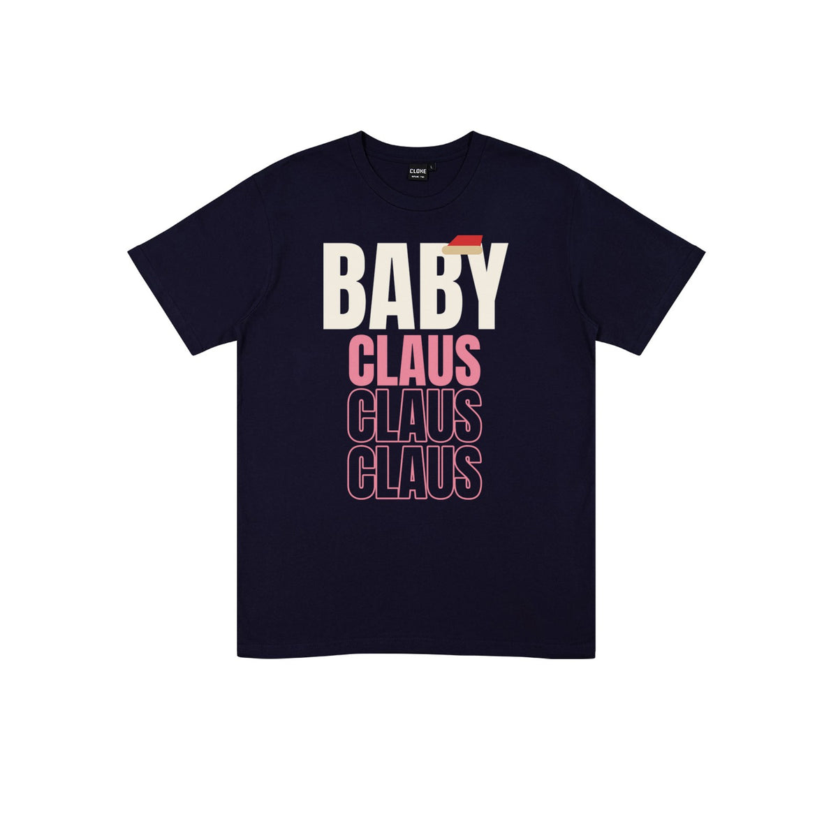 Baby Claus DTF transfer pressed on a dark tee