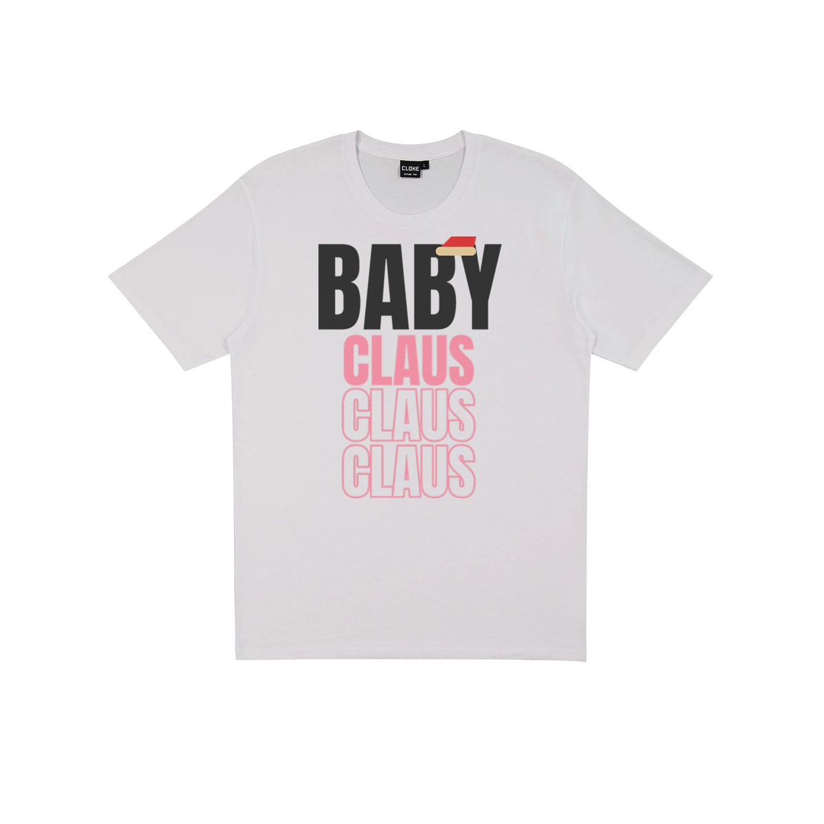 Baby Claus DTF transfer pressed on a light tee